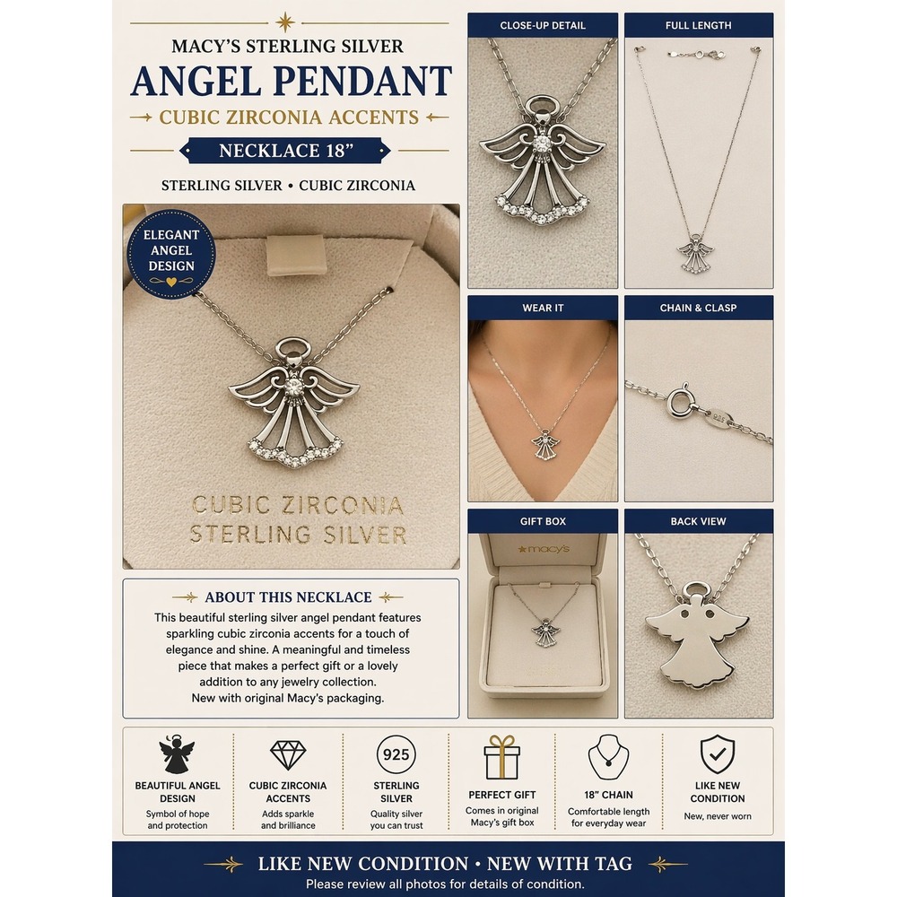 Macy's Sterling Silver Angel Pendant Necklace Cubic‎ Zirconia 18" S14599CZBXM